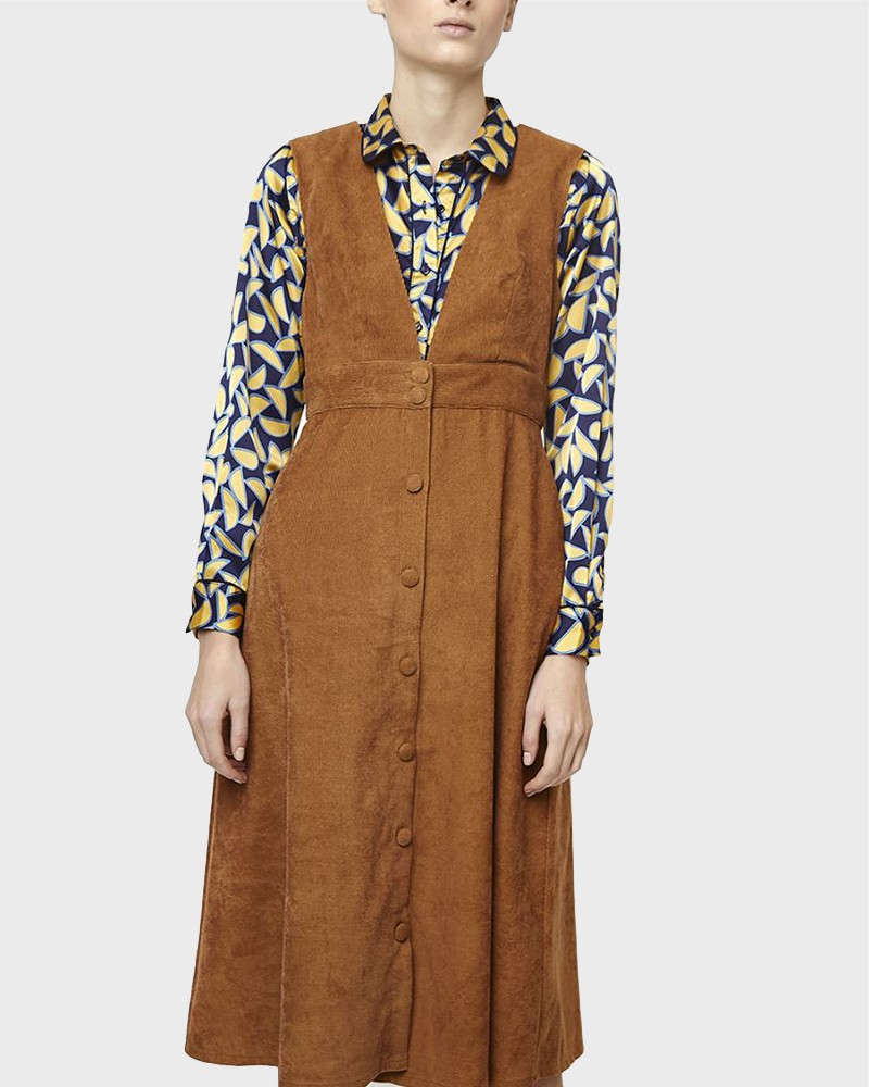 BROWN CORDUROY MIDI PINAFORE DRESS FANTASTICA FA19HAN25