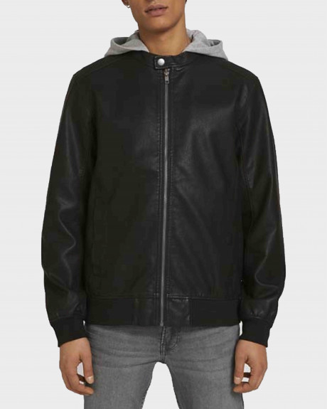 TOM TAILOR MEN'S LEATHER JACKET WITH A HOOD - 1026546
