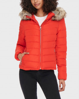 ONLY WOMEN'S Short Puffer Jacket with Fur Hood - 15158943 - RED