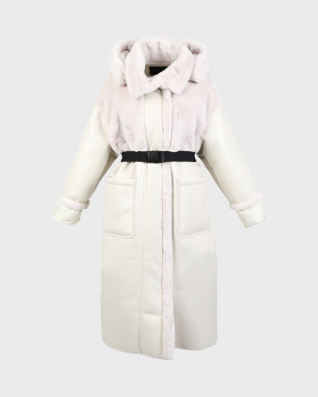 OAKWOOD ΓΥΝΑΙΚΕΙΟ ΠΑΛΤΟ SOFIA EGGSHELL TRI-MATERIAL LONG COAT / FAKE FUR-FAUX LEATHER-PADDED NYLON - 64284
