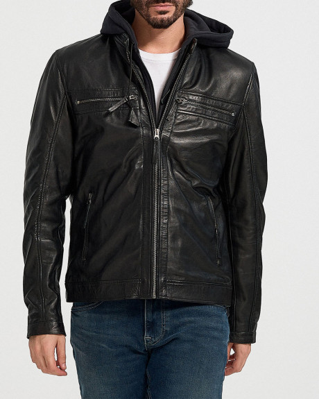 X SOMA MEN'S HOODED LEATHER JACKET - Μ-ΜP012