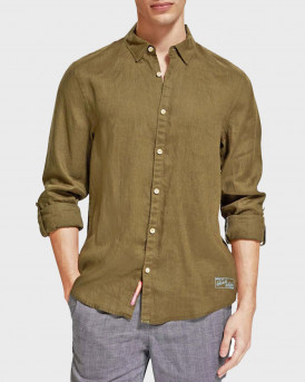 SCOTCH & SODA MEN'S LINEN SHIRT WITH ROLL-UP - 177150 - OLIVE GREEN