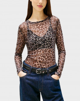 TOMMY JEANS ΓΥΝΑΙΚΕΙΟ ΜΑΚΡΥΜΑΝΙΚΟ ANIMAL PRINT ΤΟΠ ΜΕ ΔΙΑΦΑΝΕΙΑ - DW0DW21558 - ΜΠΕΖ