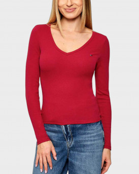 TOMMY JEANS ΓΥΝΑΙΚΕΙΑ ΜΑΚΡΥΜΑΝΙΚΗ ΜΠΛΟΥΖΑ V ΛΑΙΜΟΚΟΨΗ - DW0DW17990 - ΦΟΥΞΙΑ