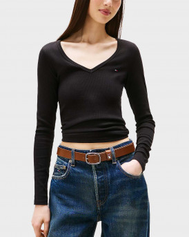 TOMMY JEANS ΓΥΝΑΙΚΕΙΑ ΜΑΚΡΥΜΑΝΙΚΗ ΜΠΛΟΥΖΑ V ΛΑΙΜΟΚΟΨΗ - DW0DW17990 - ΜΑΥΡΟ