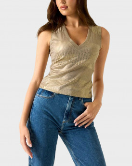 GUESS WOMEN'S METALLIC RIB KNIT SLEEVELESS TOP - W6RP10KC812 - GOLD