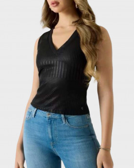 GUESS WOMEN'S METALLIC RIB KNIT SLEEVELESS TOP - W6RP10KC812 - BLACK