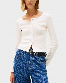 TOMMY JEANS WOMEN'S RIB SNAP BUTTON LONGSLEEVE BLOUSE - DW0DW22479 - ECRU