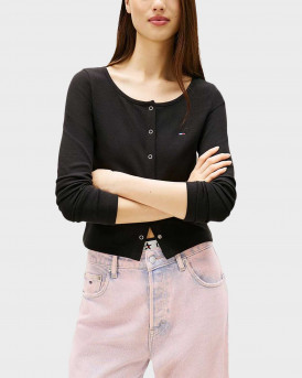 TOMMY JEANS WOMEN'S RIB SNAP BUTTON LONGSLEEVE BLOUSE - DW0DW22479 - BLACK