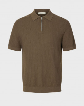 SELECTED SLMCRAN MEN'S KNIT ZIP SHORT SLEEVE POLO SHIRT - 16096388 - BROWN