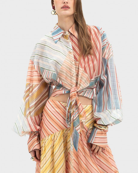 MY T WOMEN'S SEMI SHEER STRIPED WRAP SHIRT - S26T4111