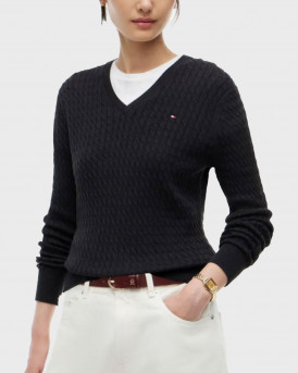 TOMMY HILFIGER WOMEN'S V-NECK CABLE KNIT SWEATER - WW0WW44987 - GREY