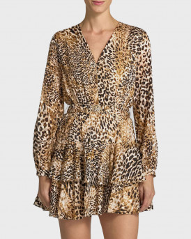 GUESS CLARISSE BELTED FLARE WOMEN'S MINI LEOPARD SAVANNAH DRESS - W6BK42W4225 - BEIGE