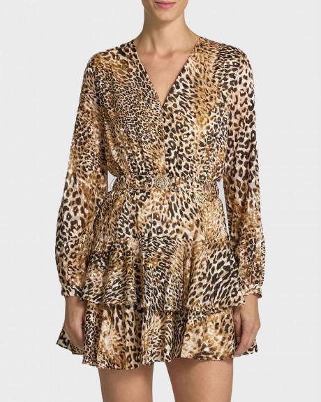GUESS CLARISSE BELTED FLARE WOMEN'S MINI LEOPARD SAVANNAH DRESS - W6BK42W4225