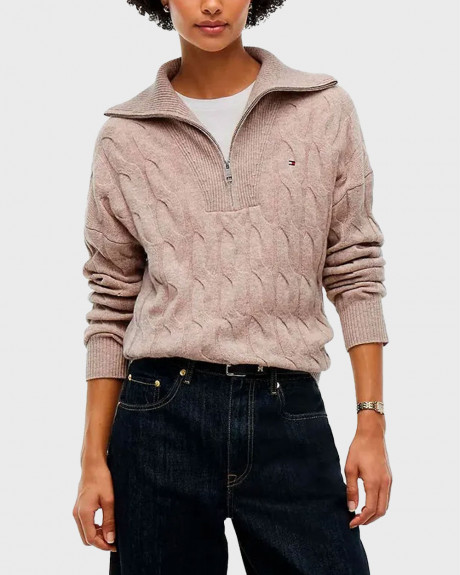 TOMMY HILFIGER SOFT WOOL CABLE ΓΥΝΑΙΚΕΙΟ ΜΑΚΡΥΜΑΝΙΚΟ ΠΛΕΚΤΟ ΜΕ ΦΕΡΜΟΥΑΡ - WW0WW46425