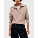 TOMMY HILFIGER SOFT WOOL CABLE ΓΥΝΑΙΚΕΙΟ ΜΑΚΡΥΜΑΝΙΚΟ ΠΛΕΚΤΟ ΜΕ ΦΕΡΜΟΥΑΡ - WW0WW46425 - ΜΠΕΖ
